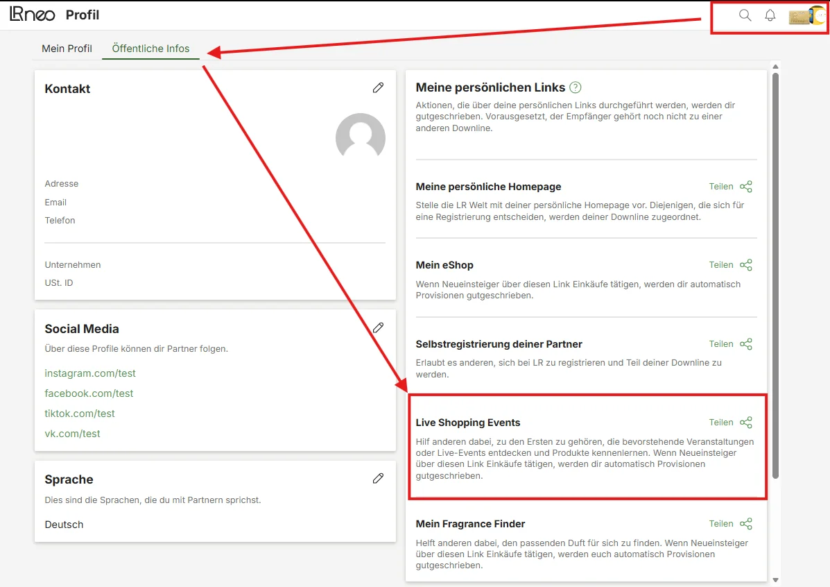 Screenshot aus LRneo: Profil → Öffentliche Infos → Meine persönlichen Links → Live Shopping Events → Teilen